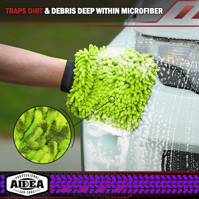 AIDEA Car Wash Mitt Microfiber, 1PK-Scratch-Free& Lint-Free, Premium Chenille Microfiber Mitt Car Wash Brush-Green Regular Size (7.12''X10.14'')