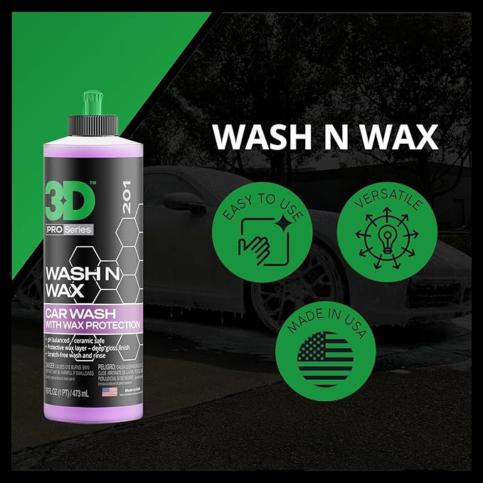 3D Wash N Wax Car Wash Soap - pH Balanced, Easy Rinse, Scratch Free Soap with Wax Protection - 16oz.