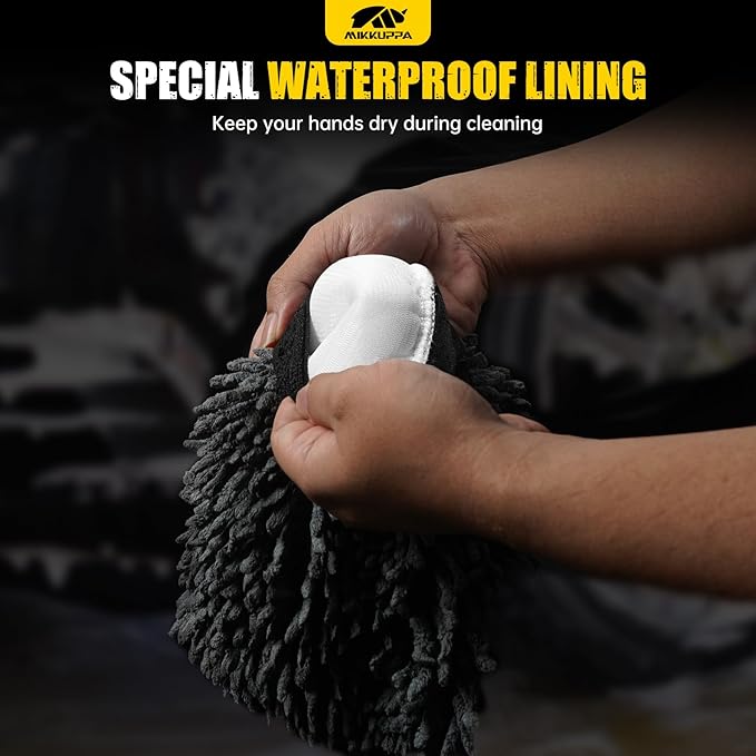 MIKKUPPA Car Wash Mitt Microfiber - Double-Sided Chenille Scratch Free Mitt with Waterproof Inner for Car Washing Home Cleaning (Gray, 2Pack, 10'' x 7'')