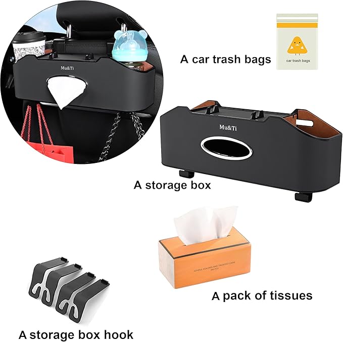 Mu&Ti Back Seat Car Organizer, Multifunctional Car Seat Back Storage Box with 2 Cup Holders, Tissue Box and Hook - Ideal for Kids and Travel (Black)