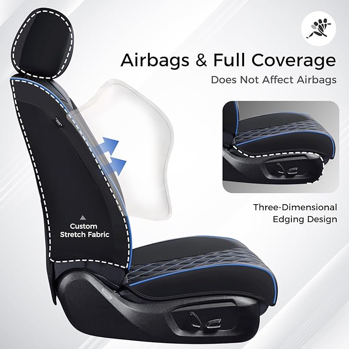 Huidasource Car Seat Covers Front Seats, Leather Front Seat Covers, Truck Seat Covers Universal Fit Front Seat, Airbag Compatible, for Most Cars, Vans, Trucks, SUVs(Front Pair/Black&Blue)