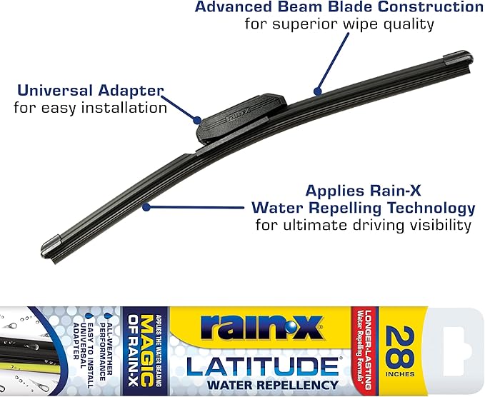 Rain-X 5079282-2 Latitude 2-In-1 Water Repellent Wiper Blades, 28 Inch Windshield Wipers (Pack Of 1), Automotive Replacement Windshield Wiper Blades With Patented Repellency Formula
