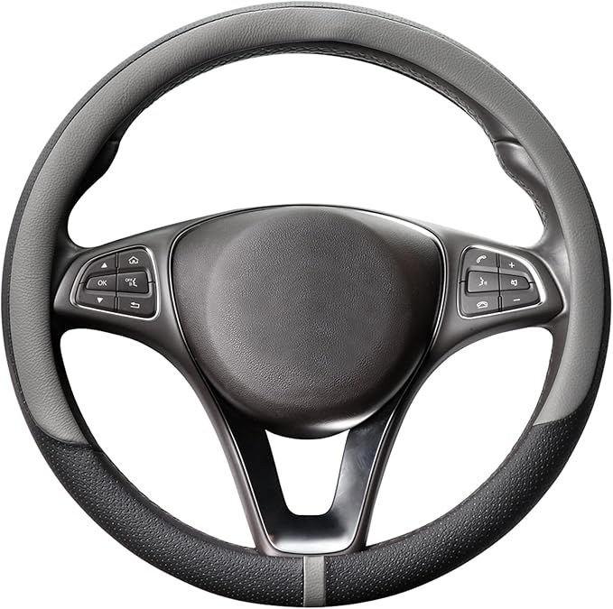 COFIT Breathable Car Steering Wheel Cover 15 inch Auto Universal Leather Wrap Non-Slip Steeringwheel Protector Automotive Interior Accessories, Grey (Suit for 14.5-15 inch)