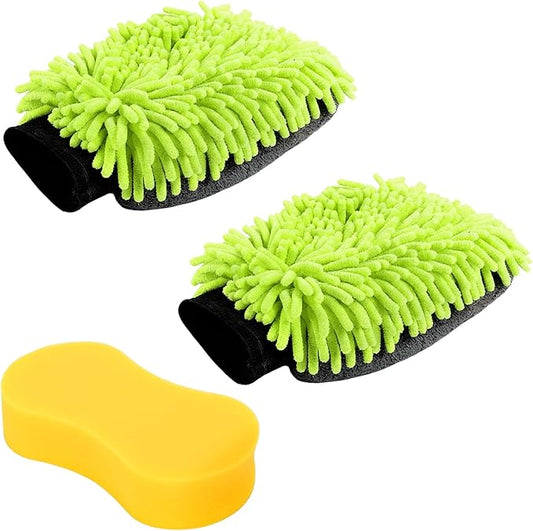 2 Pack Car Wash Mitt Microfiber & Car Wash Sponge,Non Scratch Microfiber Mitt and Sponges for Car Washing Supplies,Trucks and Motorcycles