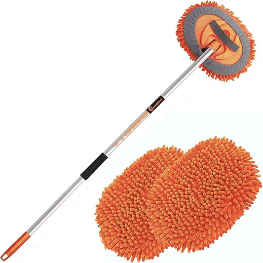 62" Car Wash Brush Mop Kit with Long Handle, 2 in 1 Chenille Microfiber Sponge Mitt Cleaning Detailing Duster for Washing Cars Truck SUV RV Caravans and Household(2 x Mop Head) (Orange)