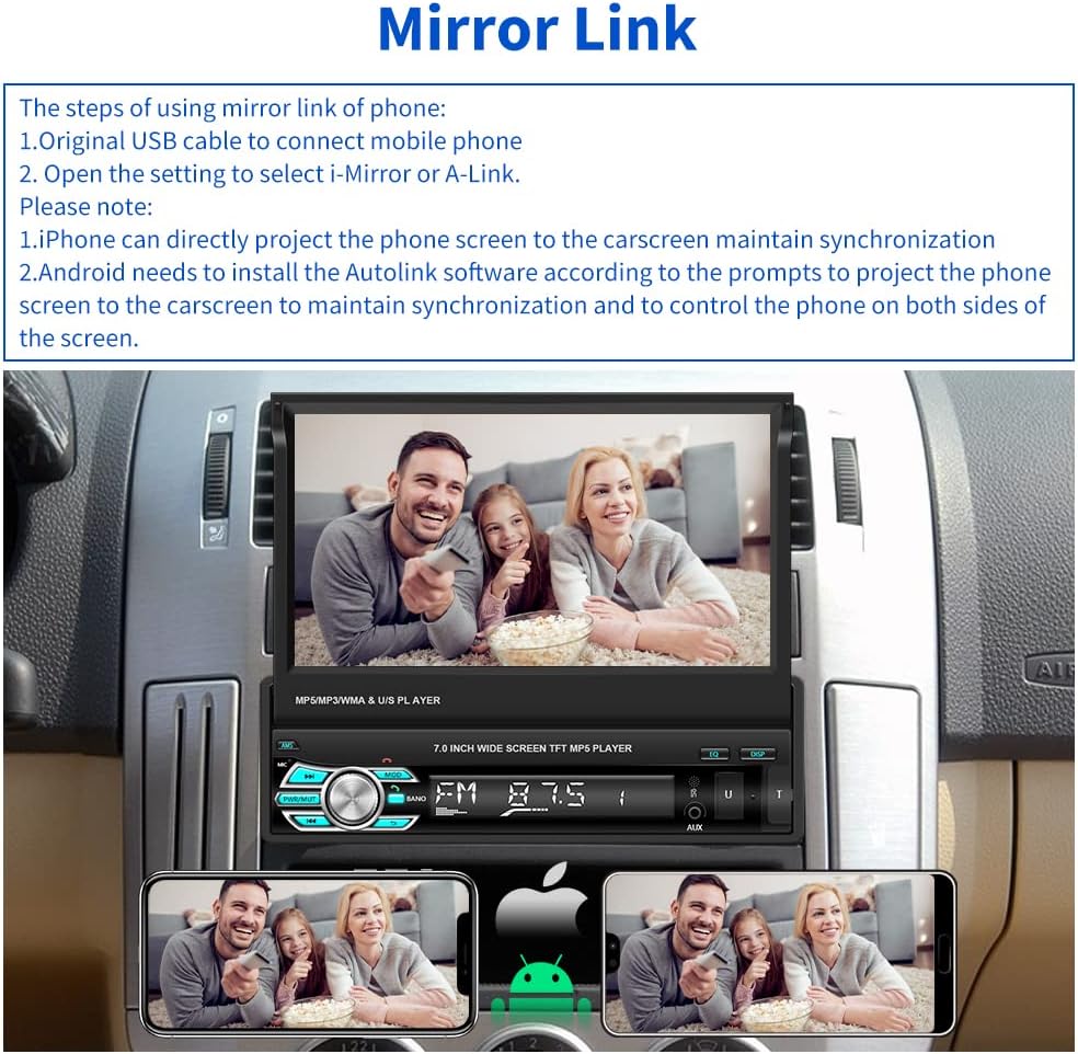 (Stable) Hikity Carplay Single Din Car Stereo, 7 Inch Flip Out Touch Screen Car Radio with Android Auto, Bluetooth, Mirror Link, Backup Camera, FM, USB, SWC, Voice Control Split Screen