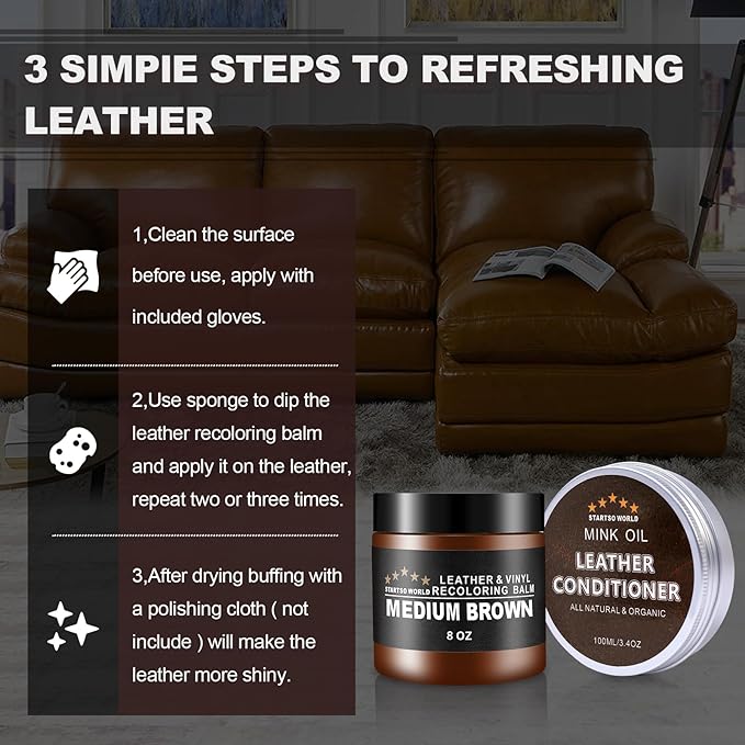 STARTSO WORLD Mink Oil Leather Recoloring Balm & Conditioner - Medium Brown Dye Kit for Couch, Car Seat, Shoe & Vinyl Repair