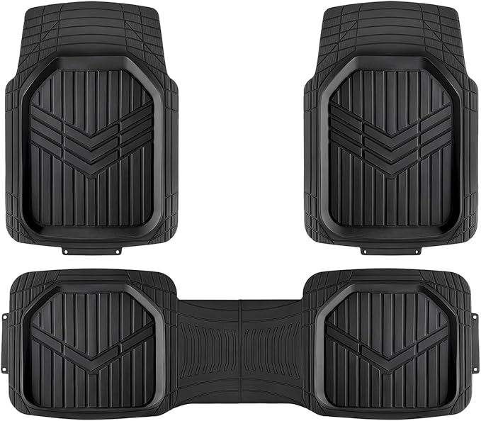 Amazon Basics 3-Piece All-Weather Heavy Duty, Full Set Rubber Floor Mats for Universal Fit in Cars, SUVs, and Trucks, Black, Trim to Customize