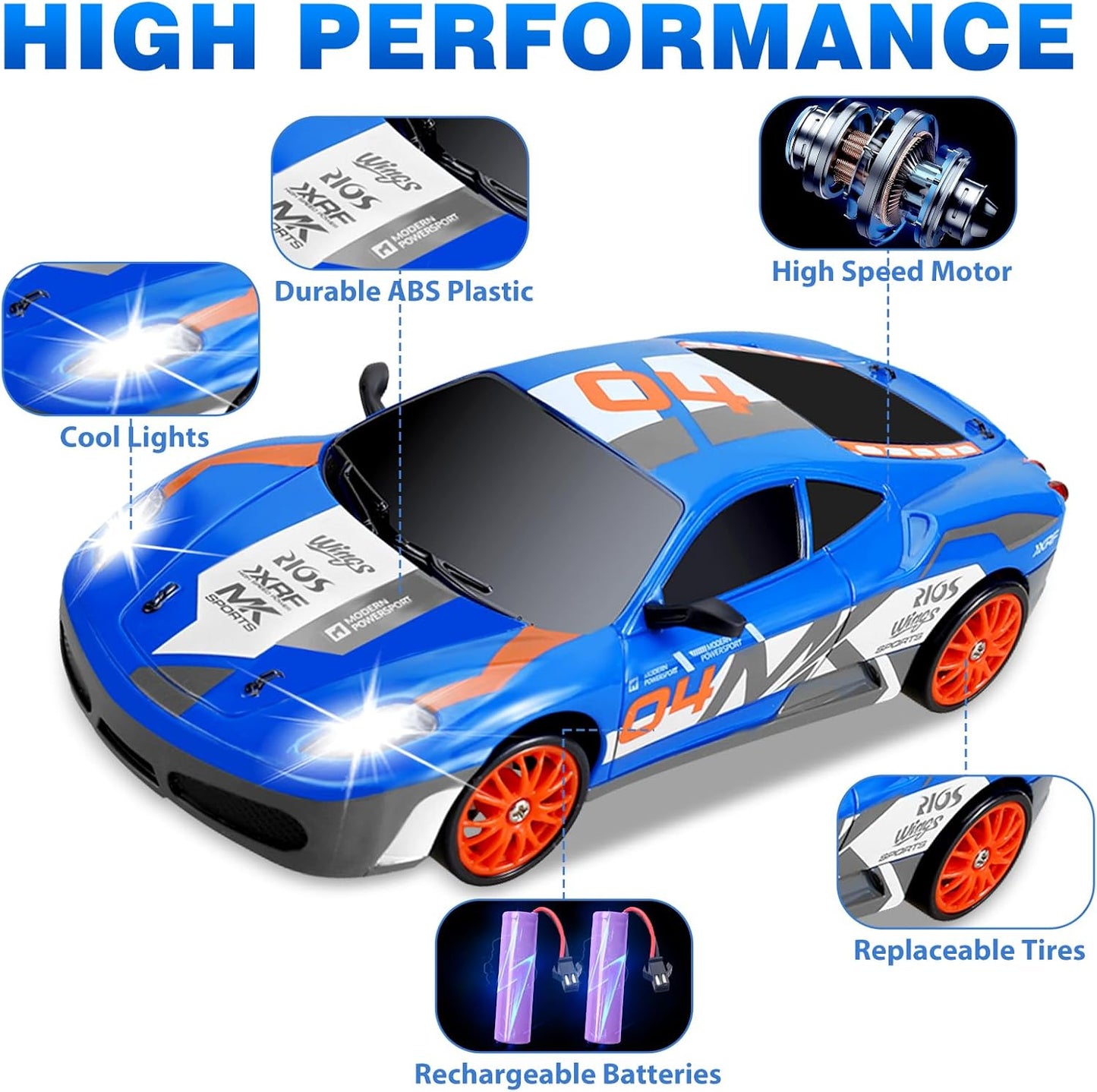 RC Drift Car 2.4GHz 1:24 Scale 4WD Remote Control Car 15KM/H High Speed Drifting RC Cars with Cool Lights, Two Batteries and Extra Tires Toys for Kids Boys Girls Adults, Blue
