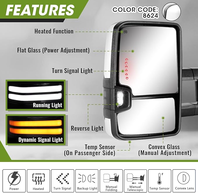 Towing Mirrors for Chevy Silverado/GMC Sierra 1500 (2014-2018), 2500HD/3500HD (2015-2019), Switchback Dynamic Turn Signal/Running Lights Power Heated (Painted White)