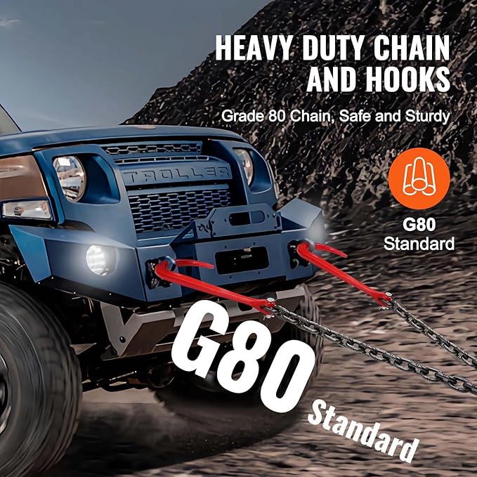 VEVOR G80 V Bridle Chain, 3/8" x 3' Towing Chain Bridle with 15" J Hooks and Grab Hooks, Heavy Duty Transport Tow Chain Bridle with 7800 lbs Safe Working Load for Flatbed Trailer Wrecker Recovery
