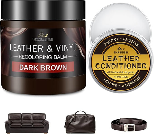 Leather Recoloring Balm with 100ml Mink Oil, Dark Brown Leather Repair Kit and Scratch Remover for Furniture, Car Seats, Sofas, Dye & Restorer for Couches, Vinyl, PU, Faux