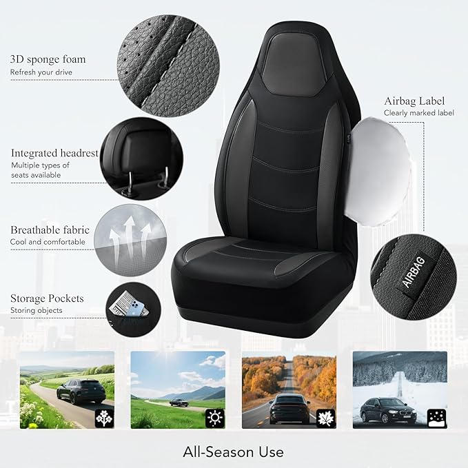 Road Comforts Car Seat Cover, Leather Car Seat Covers, Automotive Low Back Front Car Seat Covers, Airbag Compatible, Universal Fit for Most Cars (Black)
