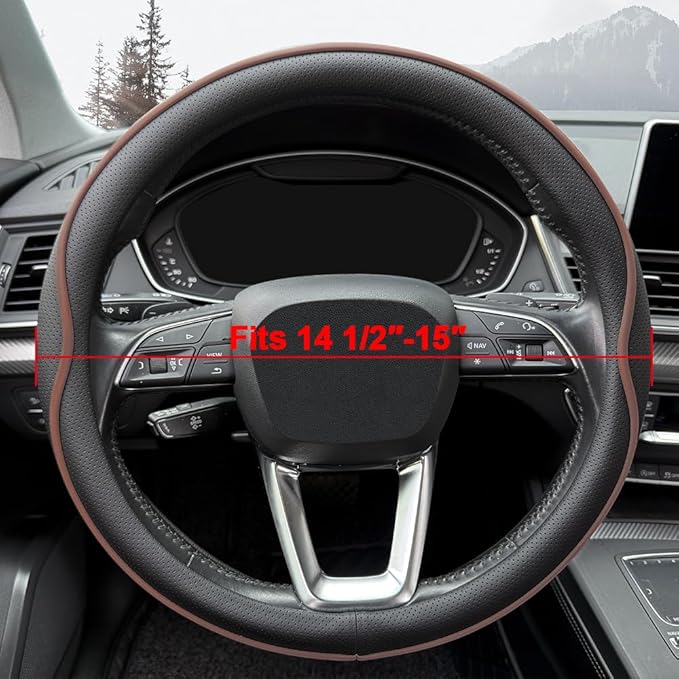 Leather Steering Wheel Cover， with Anti-Slip Stripe Design - Enhanced Grip, Fashion Style, Safe, Non-Slip, Breathable. Upgrade car Interior，Black Brown
