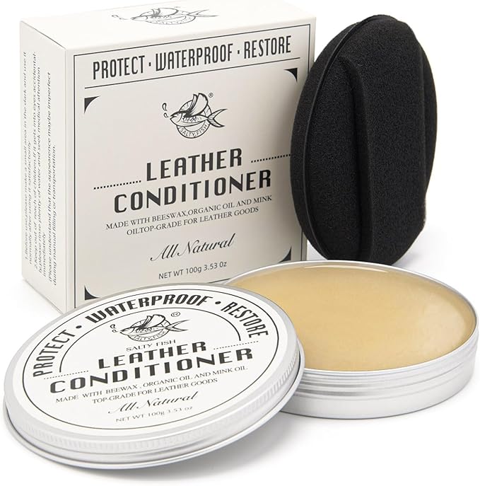 SALTY FISH All-Natural Leather Conditioner and Cleaner,Made with Mink Oil Beeswax,Protect Soften Waterproof Leather Furniture,Car Seats,Shoes,Boots,Bags (3.53 Oz with Sponge)