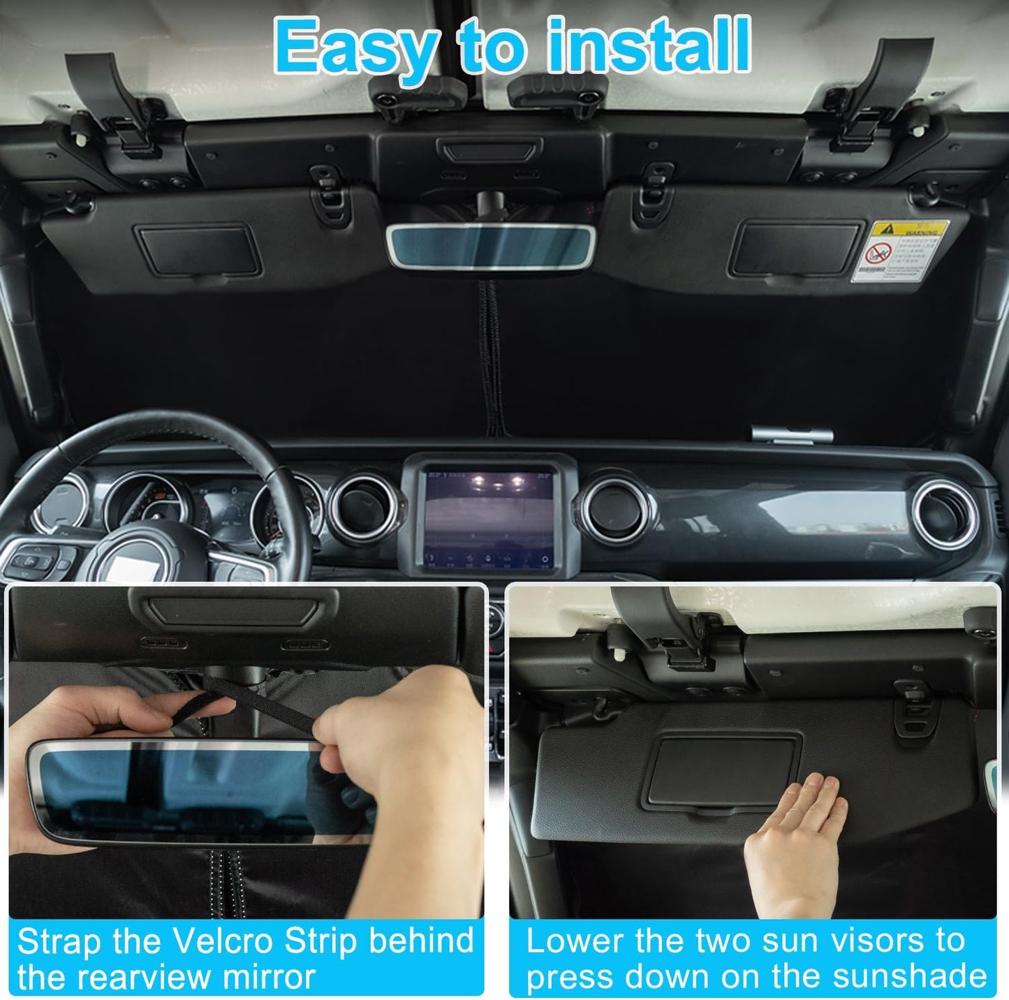 Premium Windshield Sun Shade for 2018-2025 Jeep Wrangler JL JLU & 2020-2025 Jeep Gladiator, Reflective 310T Material Front Window Sun Visor Blocks UV Rays Foldable Sunshade with Storage Pouch