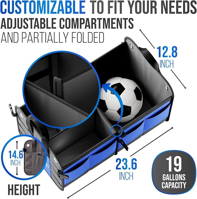 Car Trunk Organizer – Large Collapsible Storage Box with Adjustable Compartments – Heavy-Duty Cargo Organizer for SUV, Truck & Car – Non-Slip Waterproof Trunk Storage Bin for Groceries & Tools