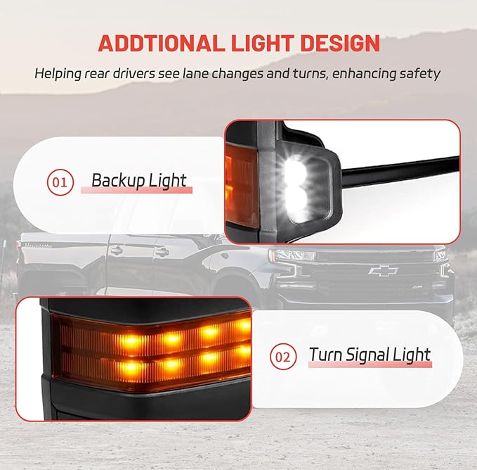 Towing Mirrors Replacement Fit for 2014-2018 Chevrolet Silverado GMC Sierra 1500,2015-2018 Chevrolet Silverado GMC Sierra 2500 HD 3500 HD,Power Heated Amber Signal Lamp in Pair Black