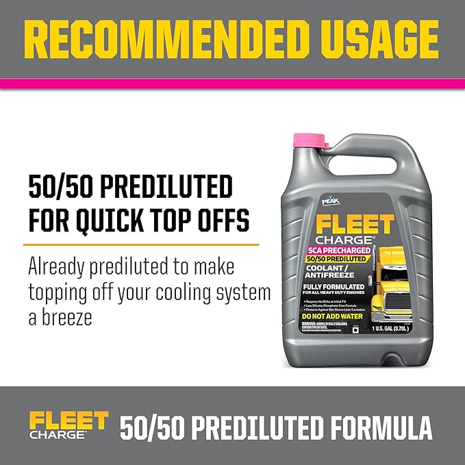 PEAK Fleet Charge SCA Precharged 50/50 Prediluted Antifreeze and Coolant for All Heavy Duty Engine Cooling Systems, 1 Gal.