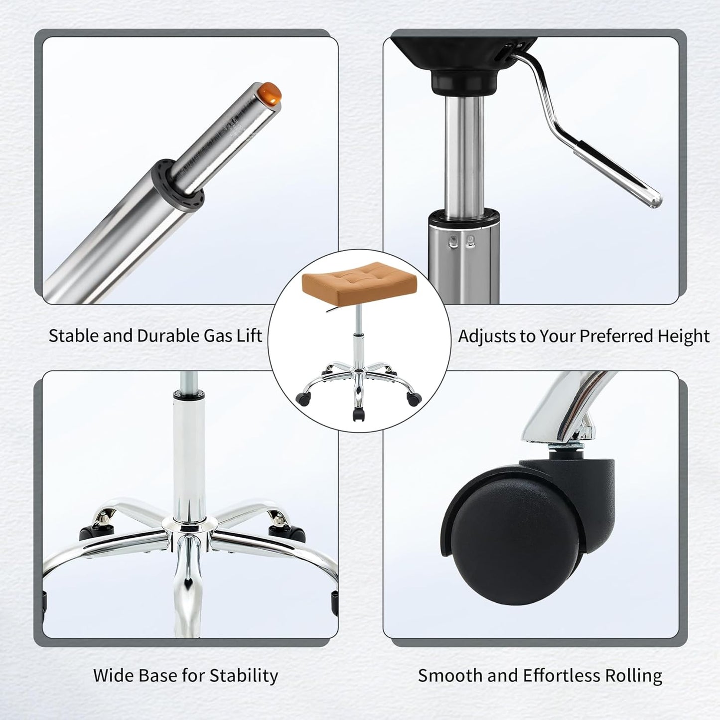 Office Stool with Wheels (300lbs Capacity) (Adjustable Height 17"-21") Brown Faux Leather Workbench Stool (Camel Brown)