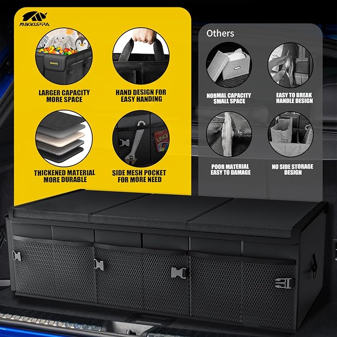 MIKKUPPA Car Trunk Organizer - 95L Collapsible Trunk Organizer with Lid, Sturdy Car Storage for SUV Auto Truck Van with Adjustable Straps and Non Slip Bottom (Black, X-Large)