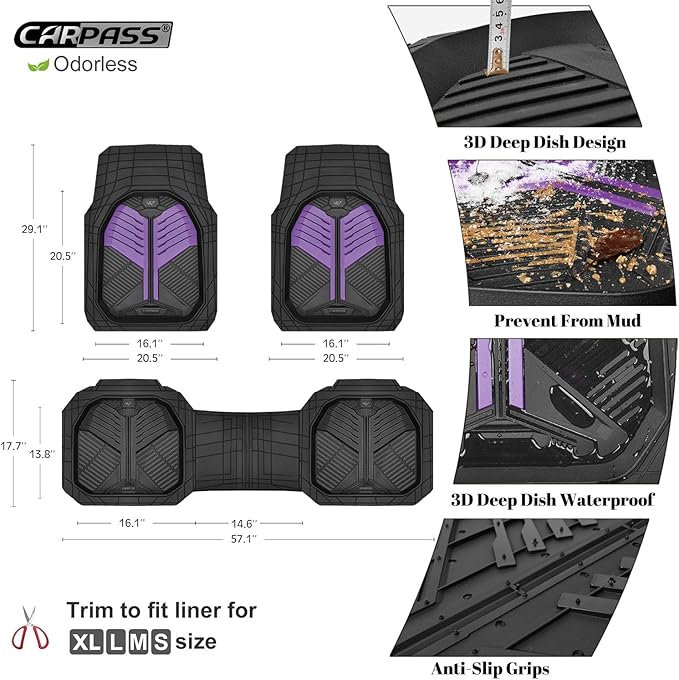 CAR PASS Heavy Duty Rubber Car Mats, Deep-Dish Car Floor Mats All Weather, Universal Two-Tone Trim-to-Fit for SUVs Trucks Sedans, Waterproof Anti-Slip, 3 Pieces V12 Black and Metallic Purple