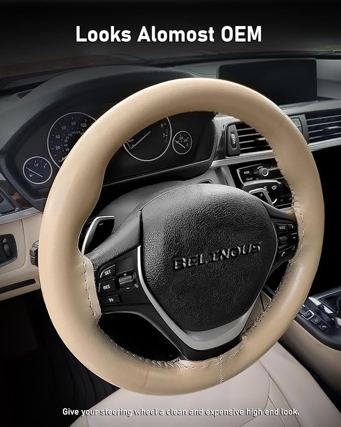 BELINOUS Leather Steering Wheel Cover Lace Up, Stitch On Wrap, Universal Fit 13-20 inch Car Truck SUV Pickup Boat, A Whole Piece of Cowhide, DIY Stitch w/Needle Thread (Size L6, Light Beige)