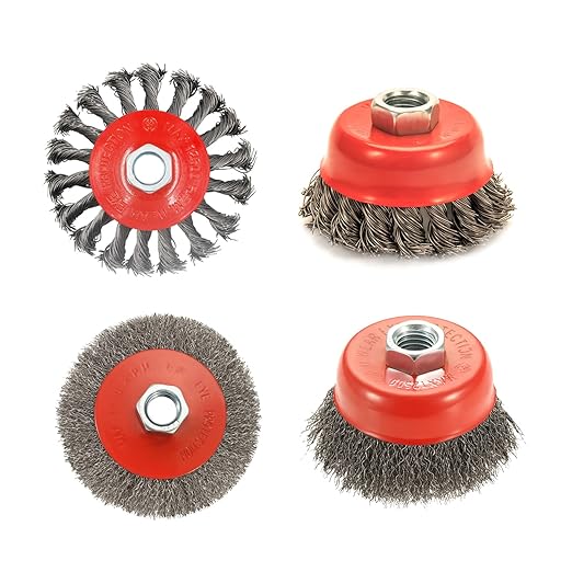 4 Pack Wire Wheel Brush Set for Angle Grinders, 4 & 3 Inch, 5/8'-11 Thread Arbor, Twist Knotted Coarse Crimped Wire Brushes