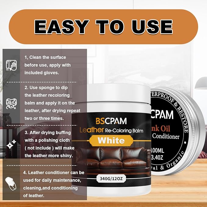 12oz Leather Recoloring Balm & 3.4oz Mink Oil Leather Conditioner kit,White Leather Color Repair Kits for Couches, Leather Couch Paint Scratch Repair for Furniture Car Sofa Shoes Leather Dye