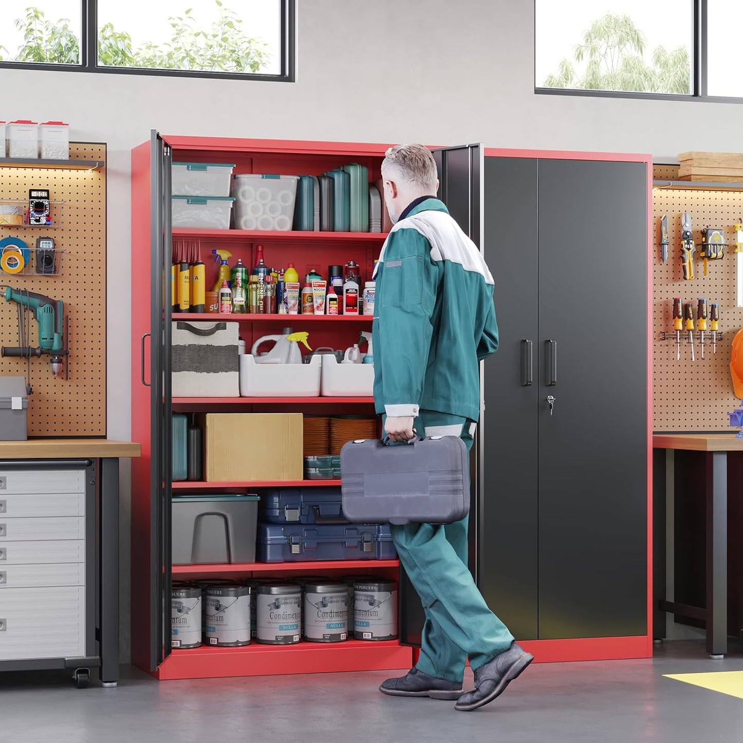 Letaya Metal Garage Storage Cabinets with Lock, 72" Tall Locker Organizer Steel Tool Cabinets,5 Adjustable Shelves 2 Doors for Home Office, Warehouse,Garage,Industrial,Employee (Black Red)