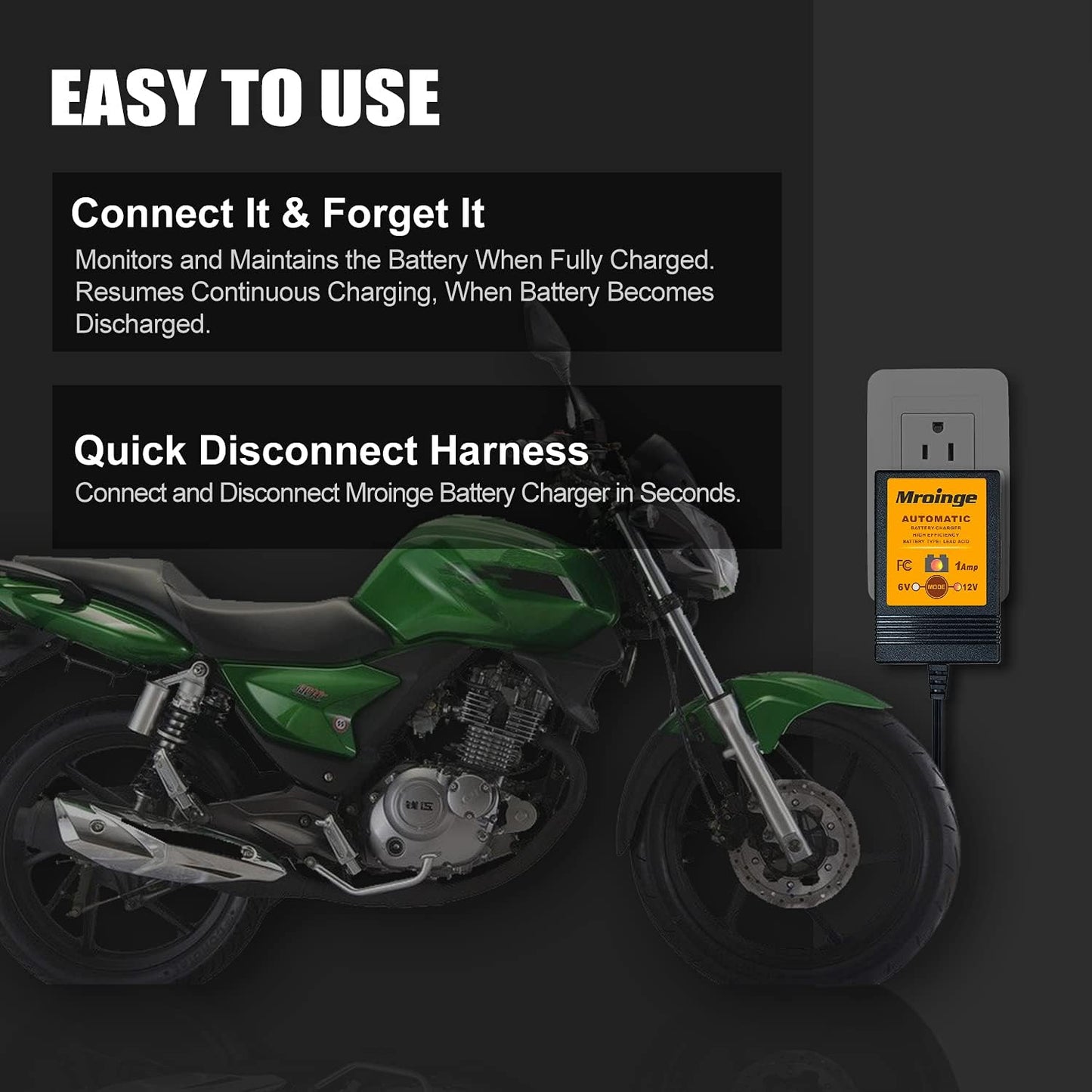 MBC016, 6V / 12V 1A Fully Automatic Trickle Battery Charger/Maintainer for Automotive Vehicle Motorcycle Lawn Mower ATV RV Powersport Boat, Sealed Deep-Cycle AGM Gel Cell Lead Acid Batteries