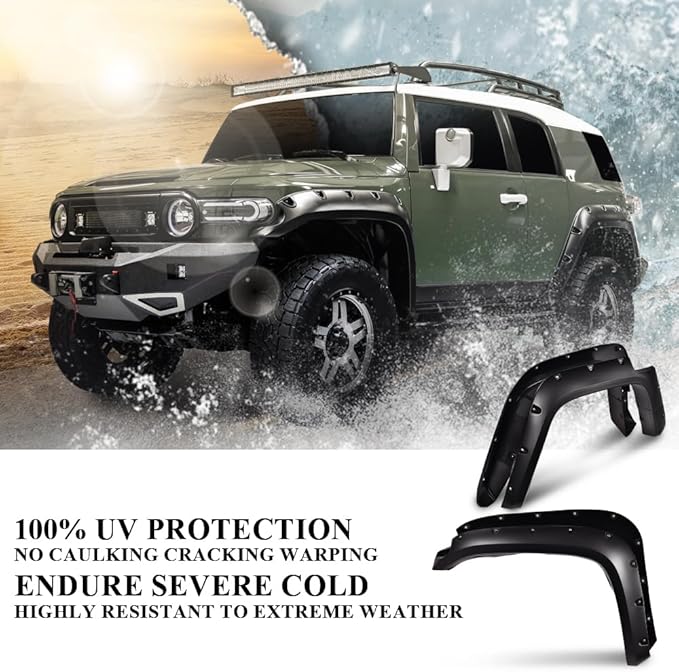 DOTCOM Fender Flares Wheel Cover,Fit 2007-2014 Toyota FJ Cruiser,Paintable Matte Pocket Wheel Arch Cover Trim,Smooth Riveted Style 4PCS Front & Rear