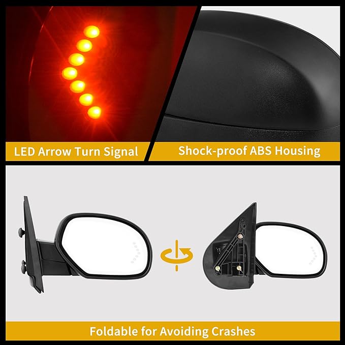 DWVO Towing Mirrors Compatible with 2007-2013 Chevy Silverado GMC Sierra 1500, 2007-2014 Suburban Yukon XL 1500 Tow Mirror, Power Heated Adjustable with LED Arrow Turn Signal Side Mirrors Pair