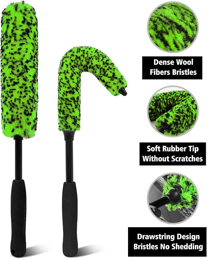 YeewayVeh Car Wheel Brush Kit, 3 Pack Scratch-Free Wheel Cleaner Brush and Detailing Brush, Wheel Car Cleaning Wash Brushes for Vehicle Motorcycle Rim Fenders Engine Exhaust Tips, Green&Black