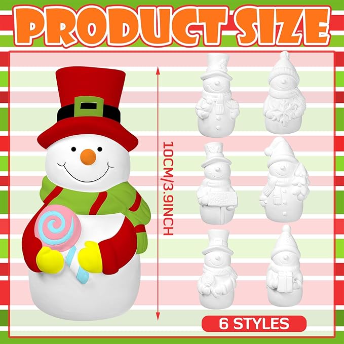 Eersida 6 Sets Winter Christmas Ceramics to Paint Ready to Your Own Ceramic Snowman Statues DIY Unpainted Paintable Winter Figurines Kit Crafts with Brush Palette for Christmas DIY