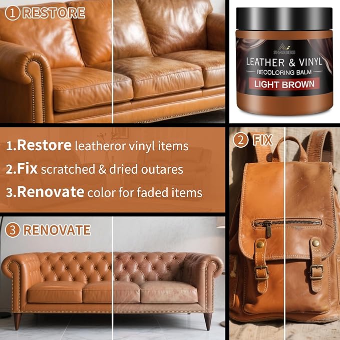 Leather Recoloring Balm and Scratch Repair Kit, Light Brown Leather Restorer for Couches, Furniture, Car Seats, Leather Paint & Stain for Sofa, Chairs, Bags, and More