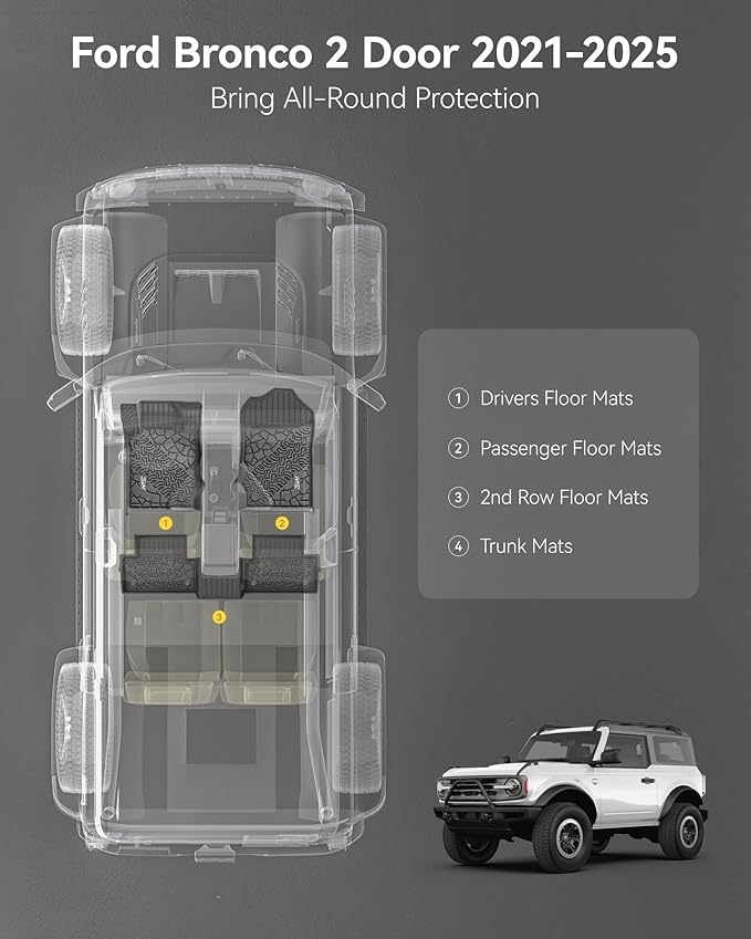 3W Floor Mats Fit for 2021 2022 2023 2024 2025 Ford Bronco 2 Door All Weather TPE Car Accessories Custom Fit Floor Liner 1st and 2nd Row Car Mats, Black (Not for Bronco Sport & Rubberized Floor)