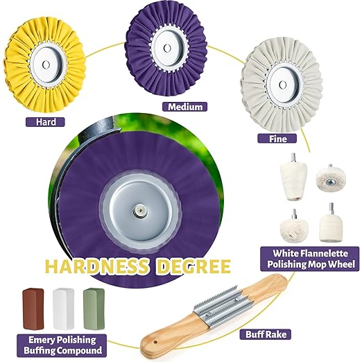Liliful 12 Pcs 8" Airway Polishing Wheel Kit in Diameter 5/8", Metal Aluminum Buffing Wheel and Polishing Compound and Buffing Drill and Rake Pad for Angle Grinder Mirror Metal Finish(Dark Color)
