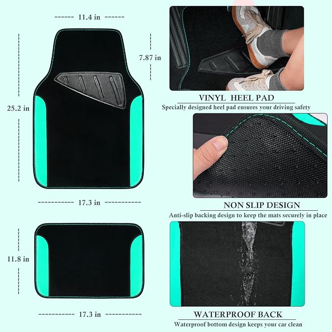 CAR PASS Faux Leather Steering Wheel Cover and Waterproof Car Floor Mats,Universal Car Combo Fit for 95% Sedan,SUV,Cars,14.5-15inch Sporty Anti-Slip Safety Comfortable Design(Black＆Mint)