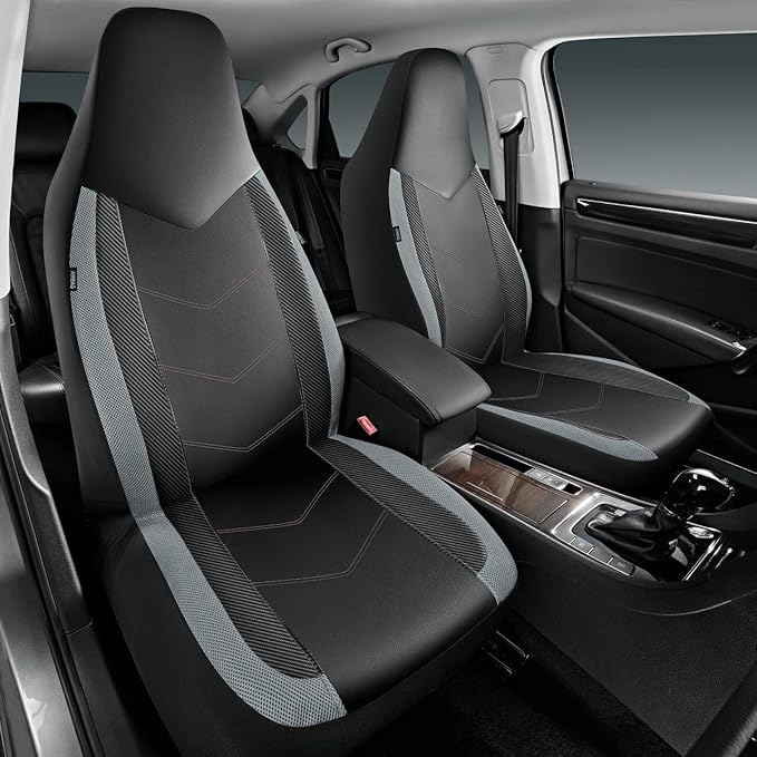 PIC AUTO Leather Car Seat Covers, Sports Carbon Fiber & Mesh Design, High-Back Two Front Set, Waterproof Automotive Seat Covers, Airbag Compatible, Universal Fit for Most Cars (Black & Gray)