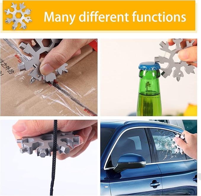 FZENeast Snowflake Multitool, 2 Piece 18-in-1 Stainless Steel Snowflake Standard Multitool, Snowflake Wrench with Key Ring, Carabiner Clip and Gift Bag (Silver)