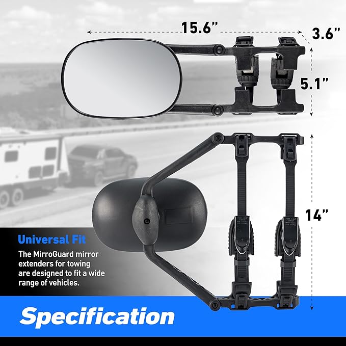 Extended Towing Mirrors, Universal Clip-On Side Mirror Extensions for Pickups, RVs, and Trailers, Tow Mirrors with Extenders (Model MG91)