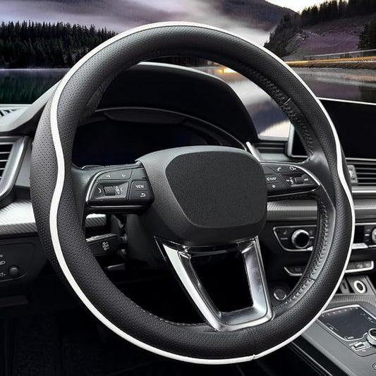 Leather Steering Wheel Cover， with Anti-Slip Stripe Design - Enhanced Grip, Fashion Style, Safe, Non-Slip, Breathable. Upgrade car Interior，Black White