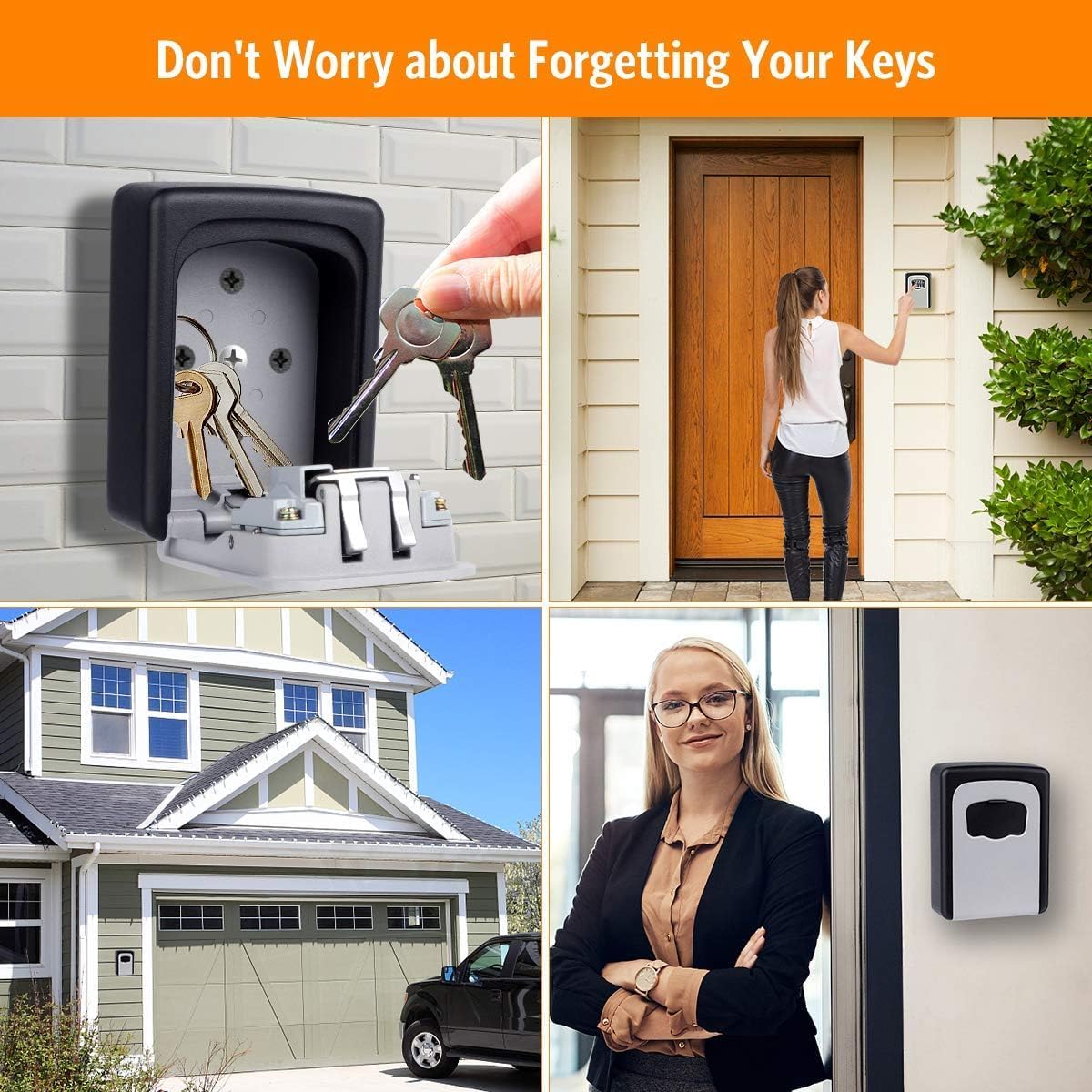 Key Lock Box Wall Mounted, Fayleeko 4 Digit Combination Lockbox for Outside, House Keys - 5 Keys Capacity, Key Safe Security Storage Lock Box for Indoor, Outdoor, Garage, Garden, Store (Black, 4Pack)
