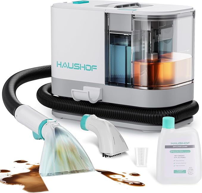 HAUSHOF Portable Carpet Spot and Upholstery Cleaner Machine, 13Kpa Powerful Suction & Spot Remover, Deep Stain Cleaning for Rug, Carpet, Car Seats, Pets, Stairs, Couches, with Cleaning Solution