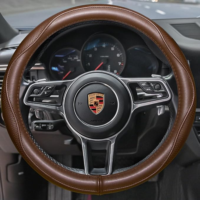 HAOKAY Top Grade Brown Genuine Leather Steering Wheel Cover Men Women, Luxury Steering Wheel Cover for Cars, SUVS and Trucks, Universal 14.5-15 inch