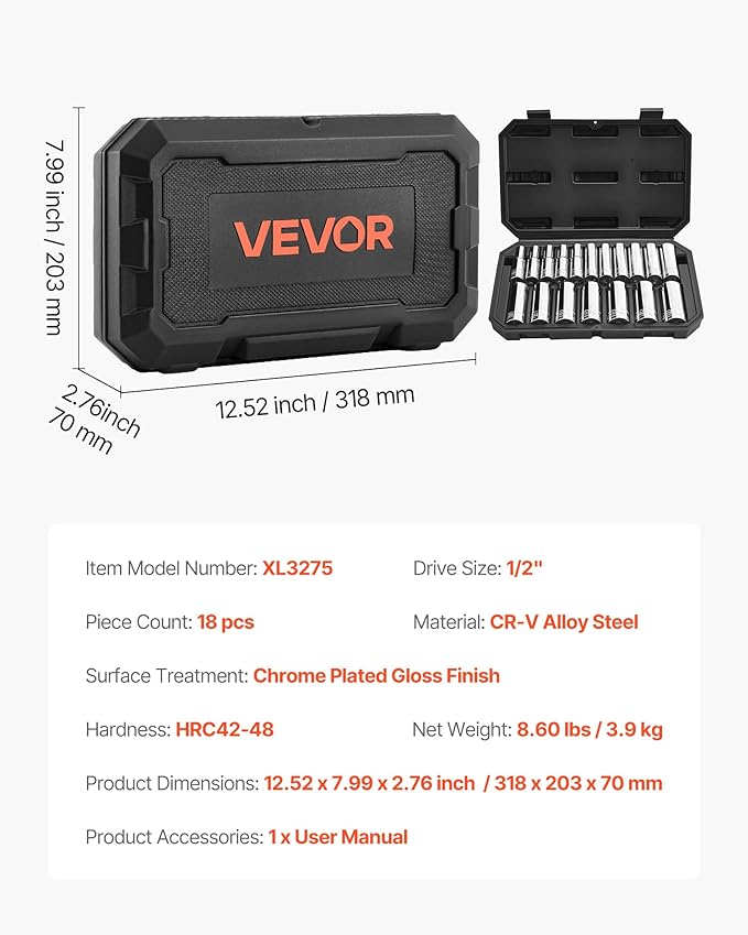 VEVOR Socket Set, 18 Pieces, 1/2 inch Drive Socket Tool Set, Metric Size from 10 to 27 mm, Mechanic Tool Kit with Storage Case, Clear Markings, Chrome Plated CR-V Alloy Steel, for Automotive Repair
