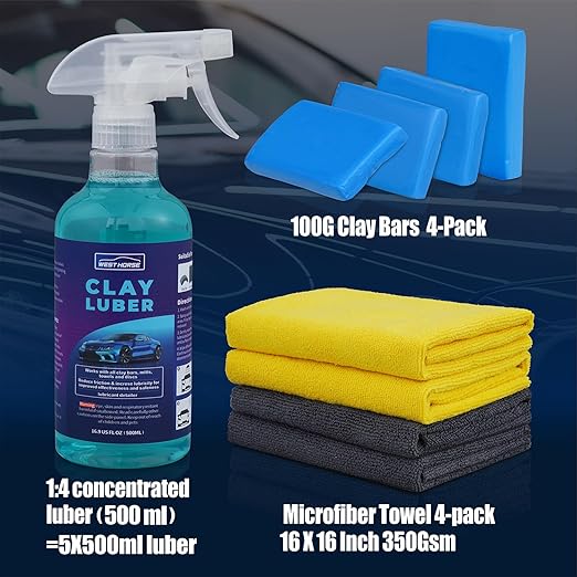 Complete Clay Bar and Luber Kit for Auto Detailing - 4 Pack (4x100g) Clay Bars for Car Detailing + 16.9 fl. oz Lubricant Spray + 4 Pack Microfiber Cleansing Towel