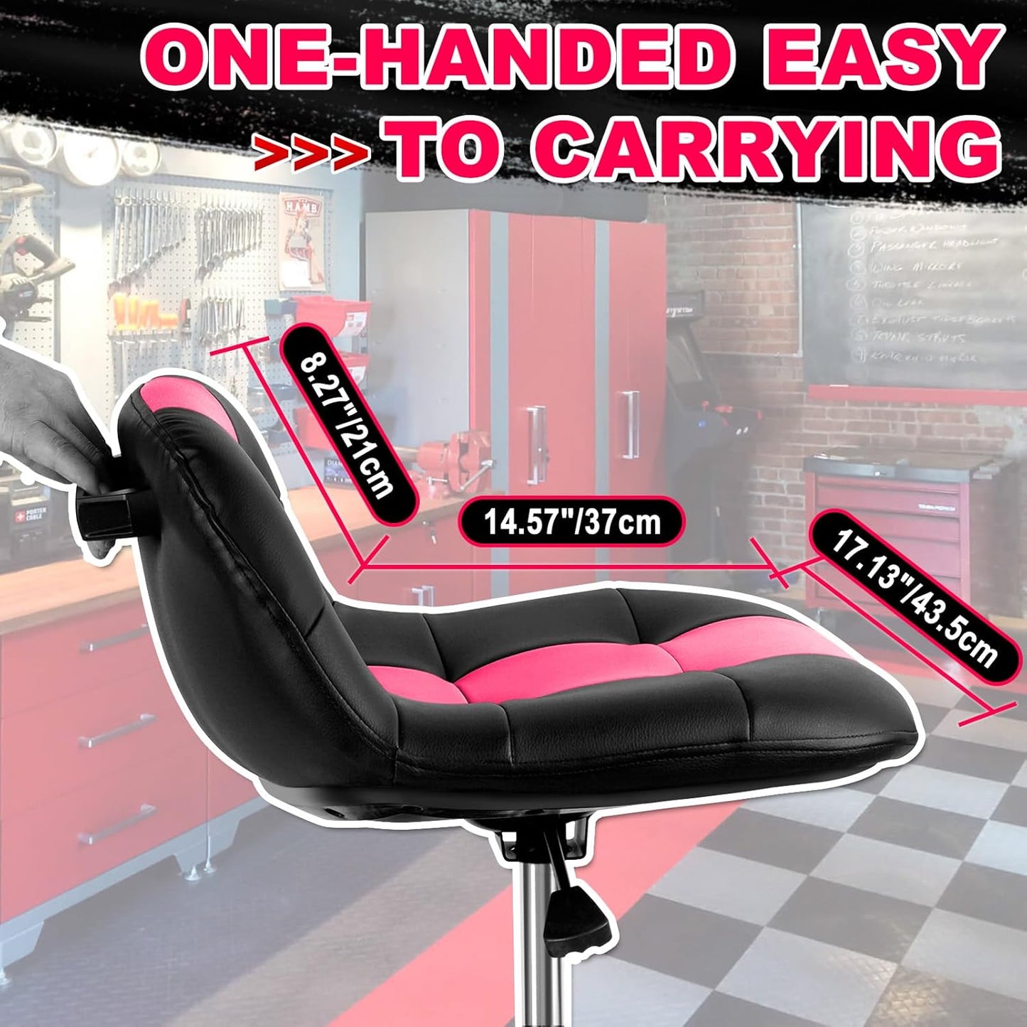 Rolling Stool with Wheels, Adjustable Height Pneumatic Garage Work Mechanic Stool Seat with Backrest, 400 LBS Capacity 360° Swivel Mechanic Crepper Chair with Tool Tray Storage, Pink