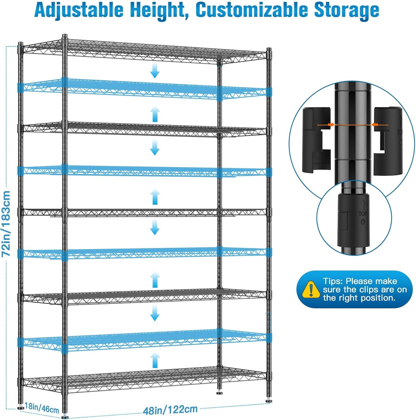 Wire Shelving with Wheels, 48x18x72 Inch, 3000 Lbs Storage Shelves Heavy Duty, Commercial-Grade Adjustable Utility Shelf, NSF-Certified Metal Storage Rack with Shelf Liners, 5-Tier, Matte Black